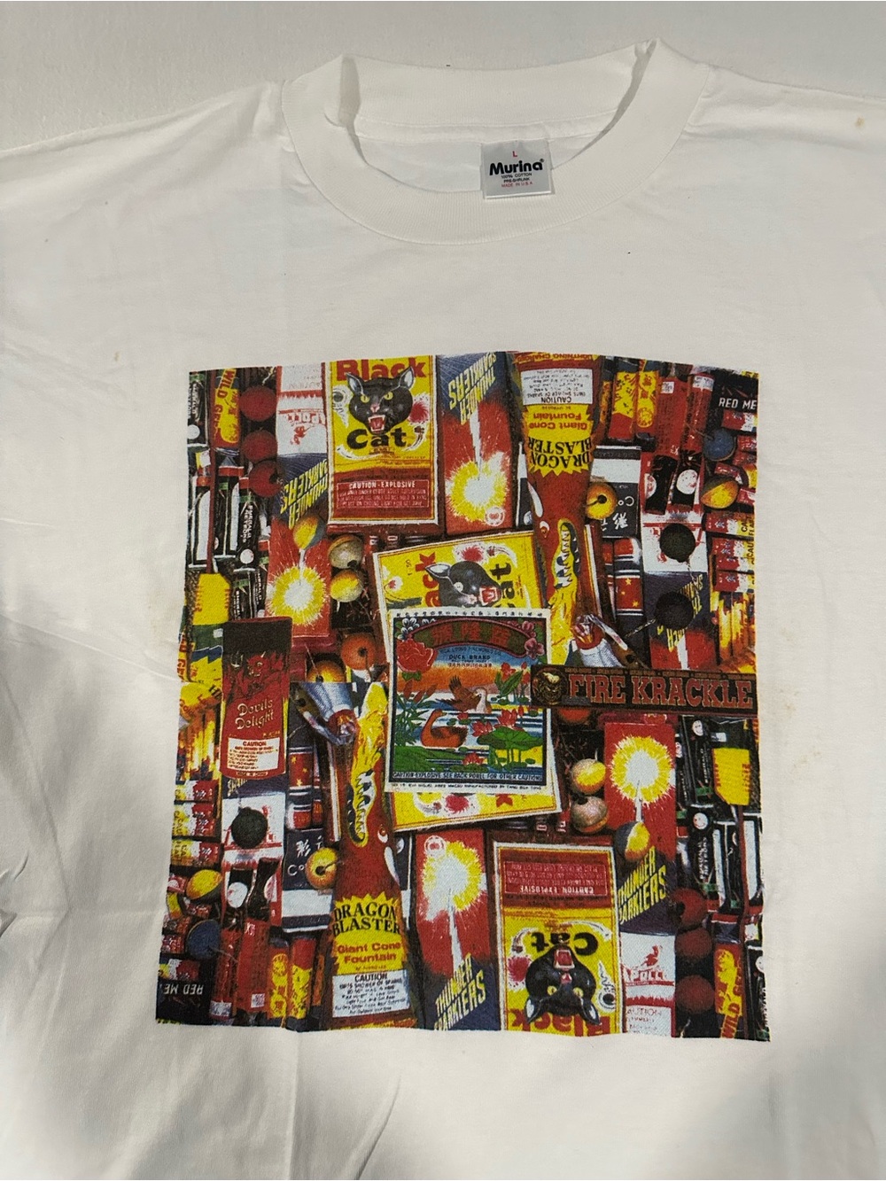 Vintage 90s Murina Firecracker Collage Graphic Tee Shirt - Size L (Made in USA)